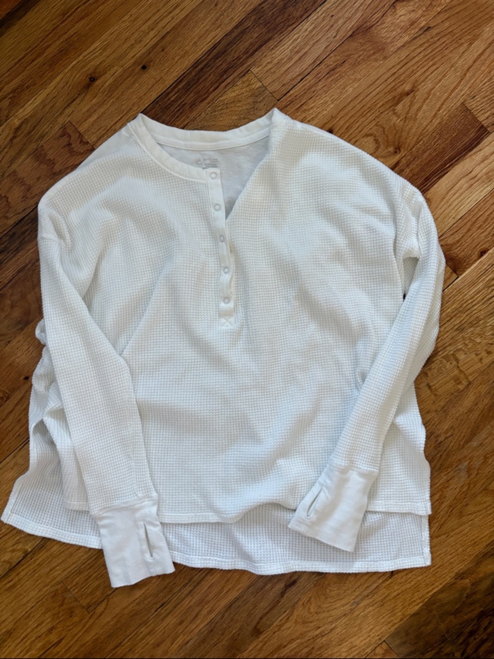 Woman’s White Waffle Henley Long-Sleeve Top